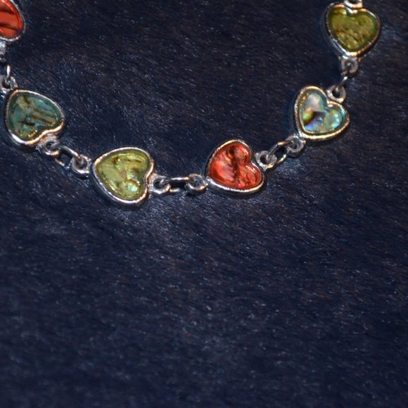 Bracelet Metal Heart Shapes Chained Abalone Sea Shells Multi-Colors Enamel Clasp - Picture 5 of 6